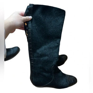 PRIALPAS TALL CALF HAIR LEATHER LACE UP BOOTS